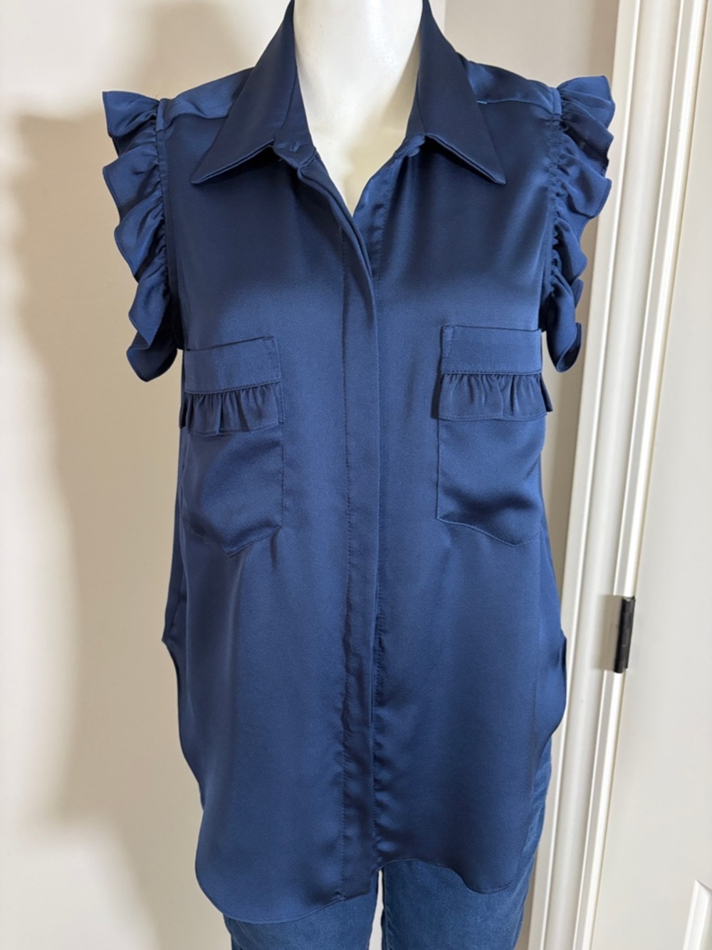 MISA Ruffle Sleeve Top Button Down Navy Blue Collared USA Career Designer Sz S